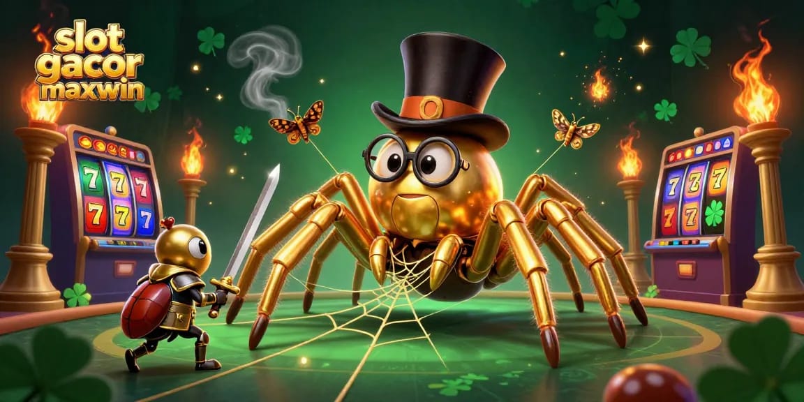 Engage in thrilling slot gacor maxwin action with a cartoon tarantula and brave beetle in a vibrant casino scene.