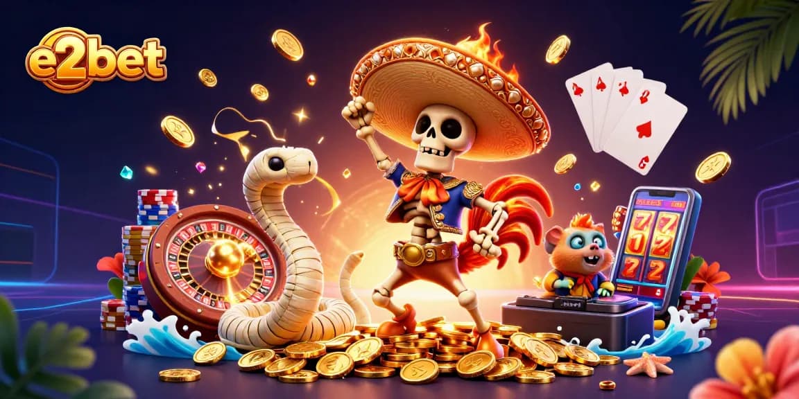 Join the excitement at e2bet with a vibrant 3D casino scene featuring thrilling characters and gaming elements.