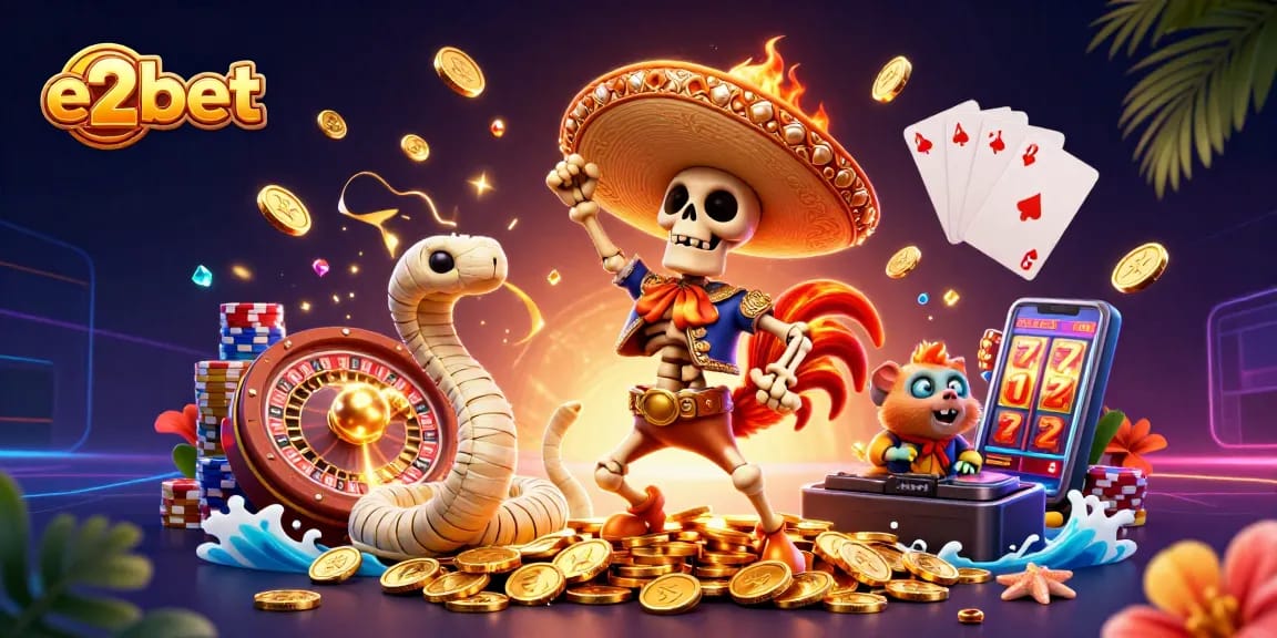 Join the excitement at e2bet with a vibrant 3D casino scene featuring thrilling characters and gaming elements.