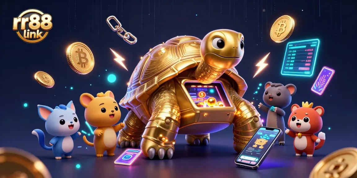Experience the thrilling rr88 link with vibrant gaming elements and crypto coins in this dynamic 3D scene.