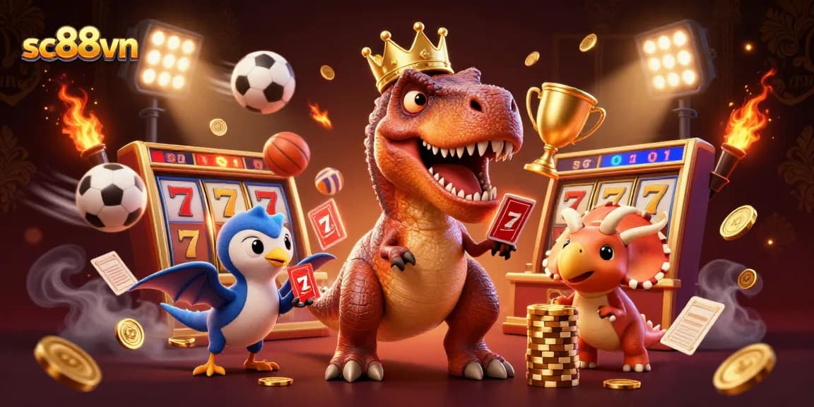 Experience thrilling gameplay at sc88vn with unique characters shuffling cards and stacking chips in a vibrant casino scene.