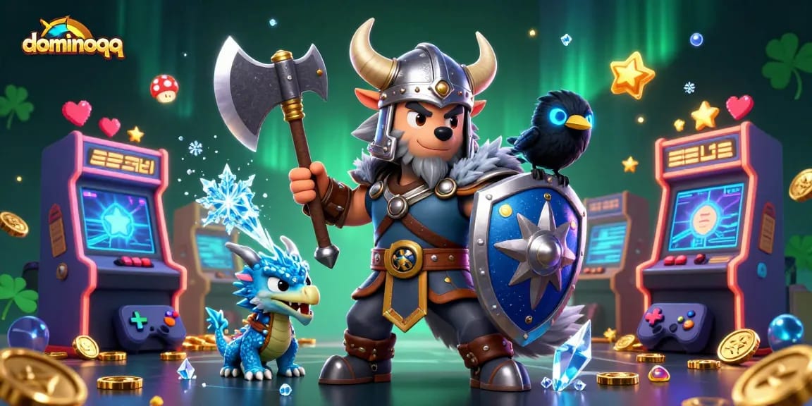Play dominoqq with engaging characters in a vibrant casino-themed scene filled with action.