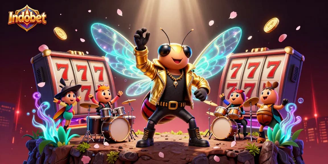 Indobet menghadirkan pemandangan kasino menakjubkan dengan karakter rock star dan elemen permainan slot di sekitarnya.
