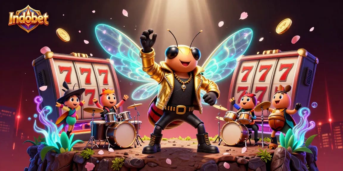 Indobet menghadirkan pemandangan kasino menakjubkan dengan karakter rock star dan elemen permainan slot di sekitarnya.