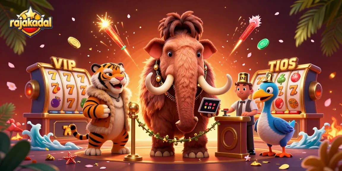 Permainan slot di rajakadal dengan bouncer mamut mencolok dan berwarna cerah, menarik perhatian pemain.