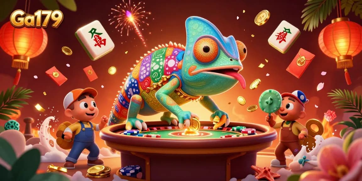 Engage with Ga179's vibrant casino scene featuring a colorful chameleon owner and dynamic game elements.