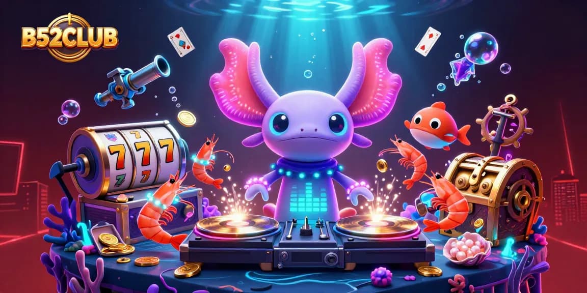 Join the fun with B52CLUB as neon DJ entertains beside glowing slot reels and colorful treasures.