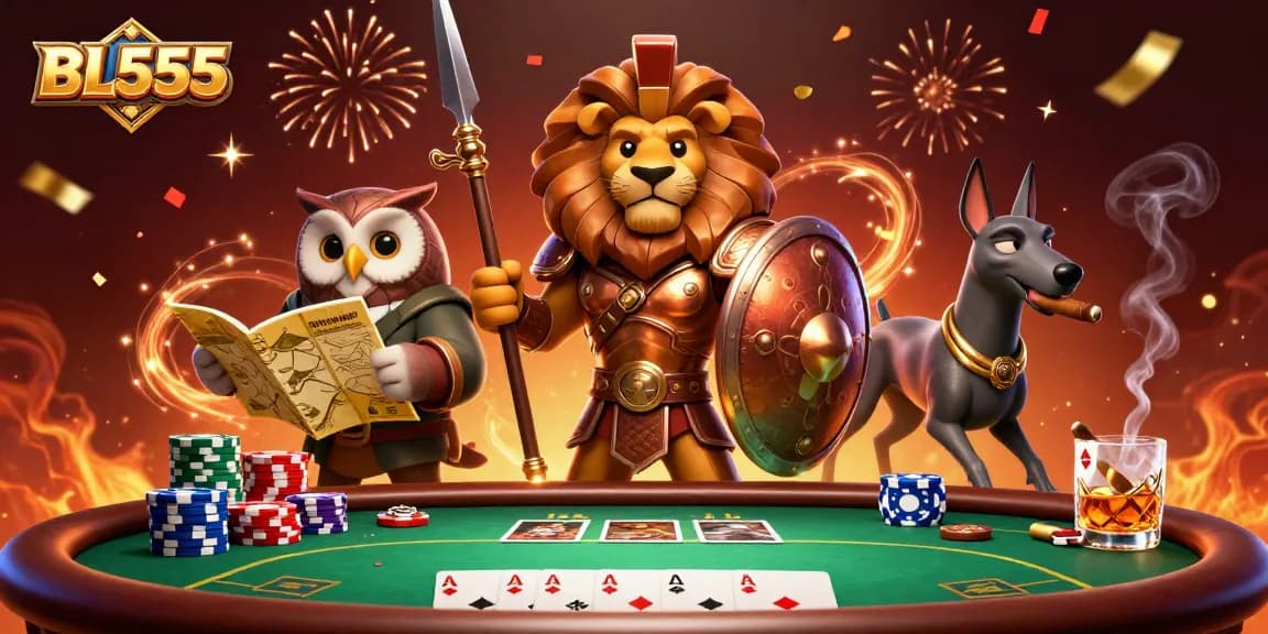 Engage with BL555's thrilling casino adventures with a captivating 3D illustration featuring a Spartan lion, owl strategist, and greyhound messenger.