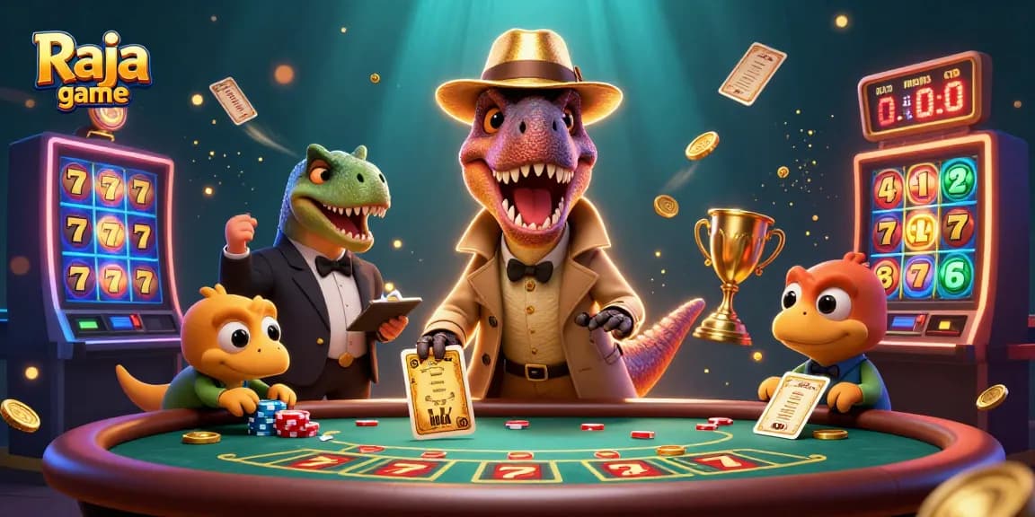 Experience the thrill of Raja game with a velociraptor card counter at a bustling casino table.