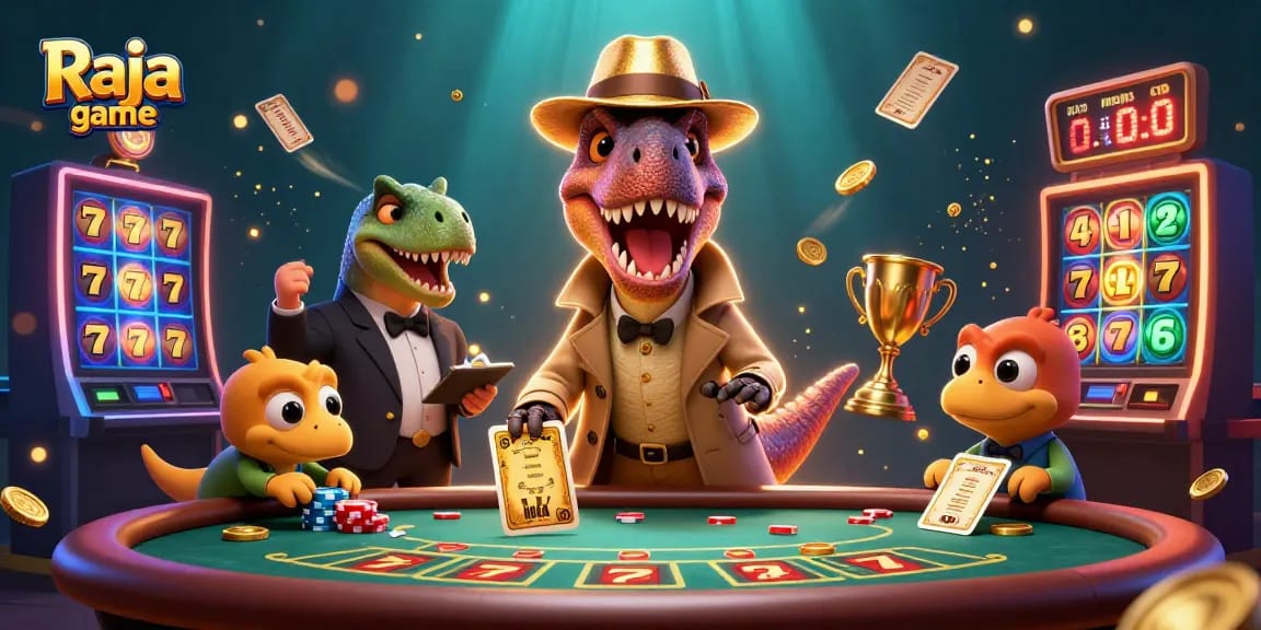 Experience the thrill of Raja game with a velociraptor card counter at a bustling casino table.