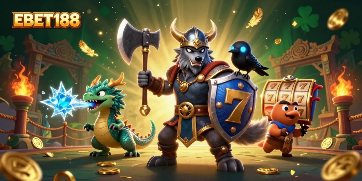 Experience thrilling slot action at EBET188 with a dynamic scene featuring a Viking wolf warrior, dragon, and raven.