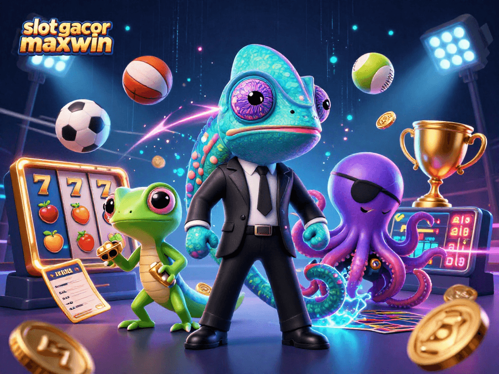 Slot gacor maxwin tersaji dalam ilustrasi 3D kompleks dengan karakter kartun dan elemen judi yang dinamis.