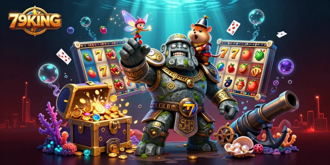 Spin the reels at 79KING with a dynamic 3D scene featuring magical characters and casino elements.