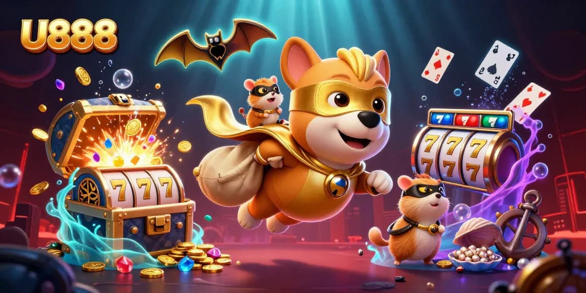 U888 gaming adventure with a superhero dog and hamster amidst slot machines and gold coins.