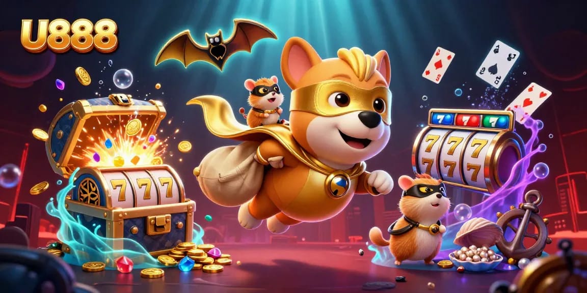 U888 gaming adventure with a superhero dog and hamster amidst slot machines and gold coins.