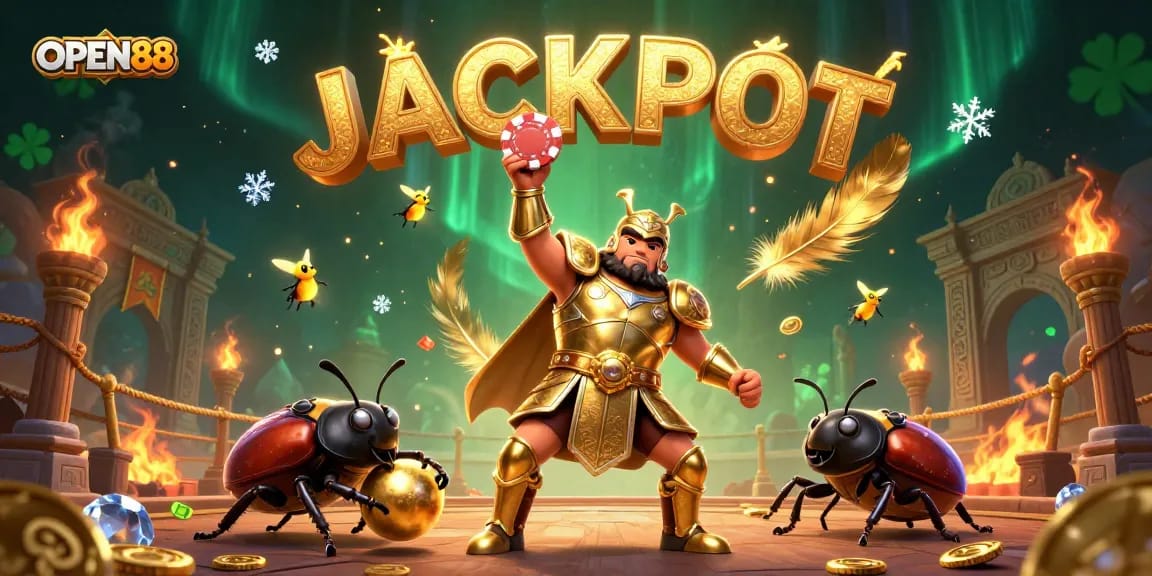 Boost your gameplay at OPEN88 with vibrant visuals of a beetle hero celebrating a jackpot.