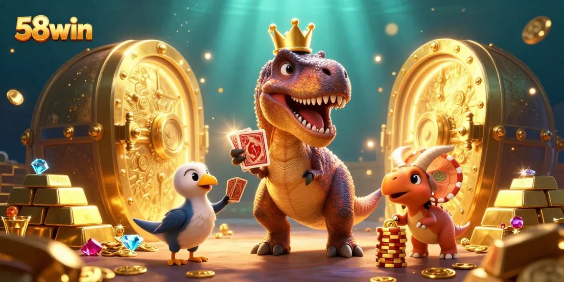 Experience the excitement at 58win with T-Rex and friends in a vibrant casino scene.