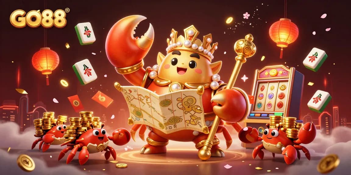 Experience GO88's vibrant world with a golden crab emperor and dynamic casino elements in 3D.