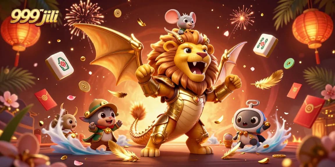 Join the excitement at 999 jili, featuring a triumphant chimera and vibrant casino elements.