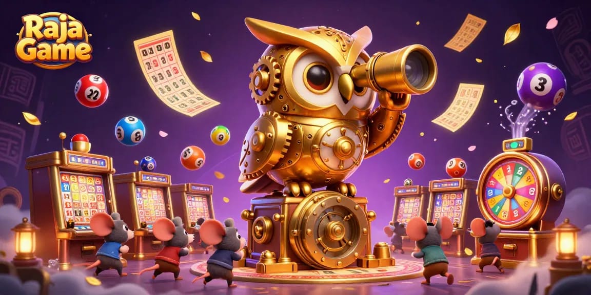 Experience thrilling gameplay with Raja Game as a golden owl surveys a vibrant casino filled with excitement.