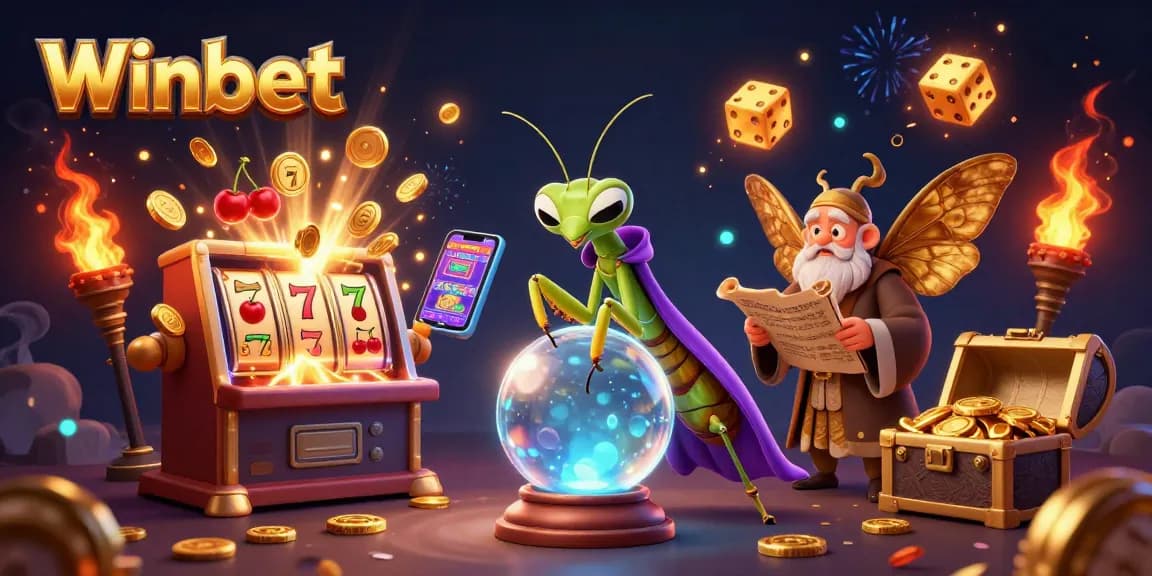 Winbet offers an enchanting 3D illustration showcasing immersive casino elements and fortune-telling characters.
