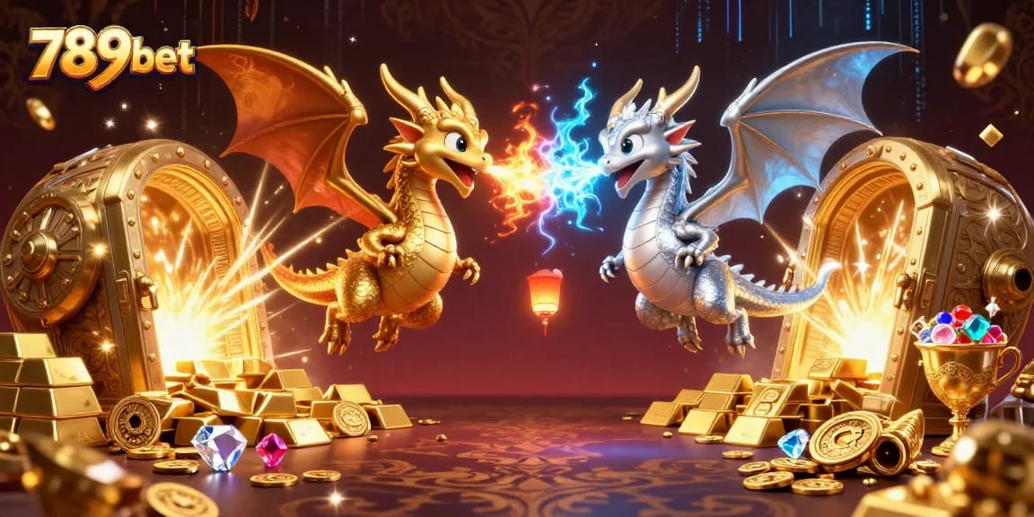 Experience the thrill of 789bet with our dynamic 3D illustration of dragons amidst casino treasures.