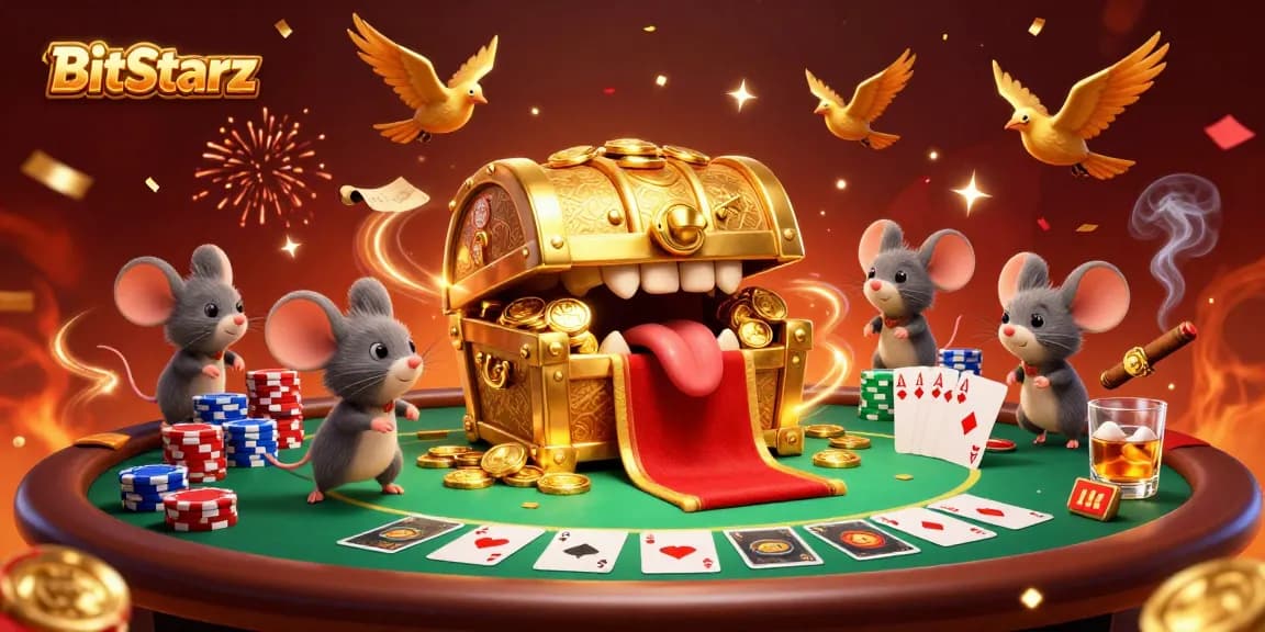 Experience thrilling moments at BitStarz with a treasure chest and adventurous mice celebrating wins