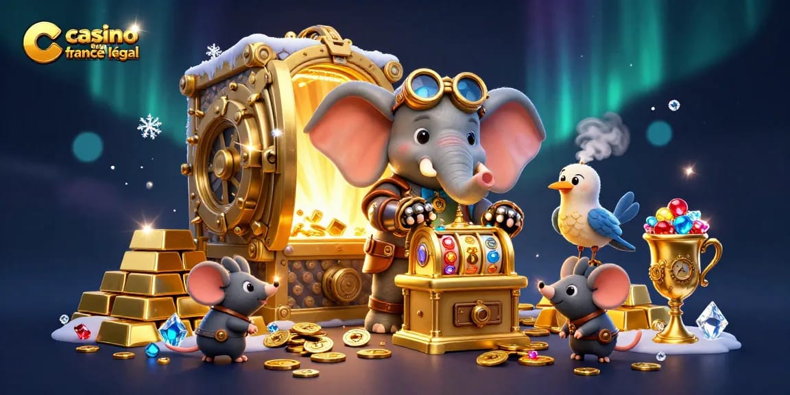 Spin the golden slot machine at a casino en ligne france légal with a steampunk elephant engineer amidst sparkling treasures.
