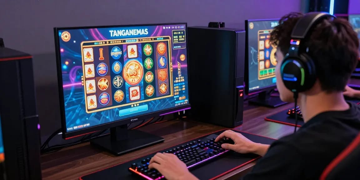 Pengalaman bermain TANGANEMAS di dunia slot dan togel, menunjukkan pemain terlibat dengan grafik permainan yang berwarna-warni dan peralatan gaming canggih.