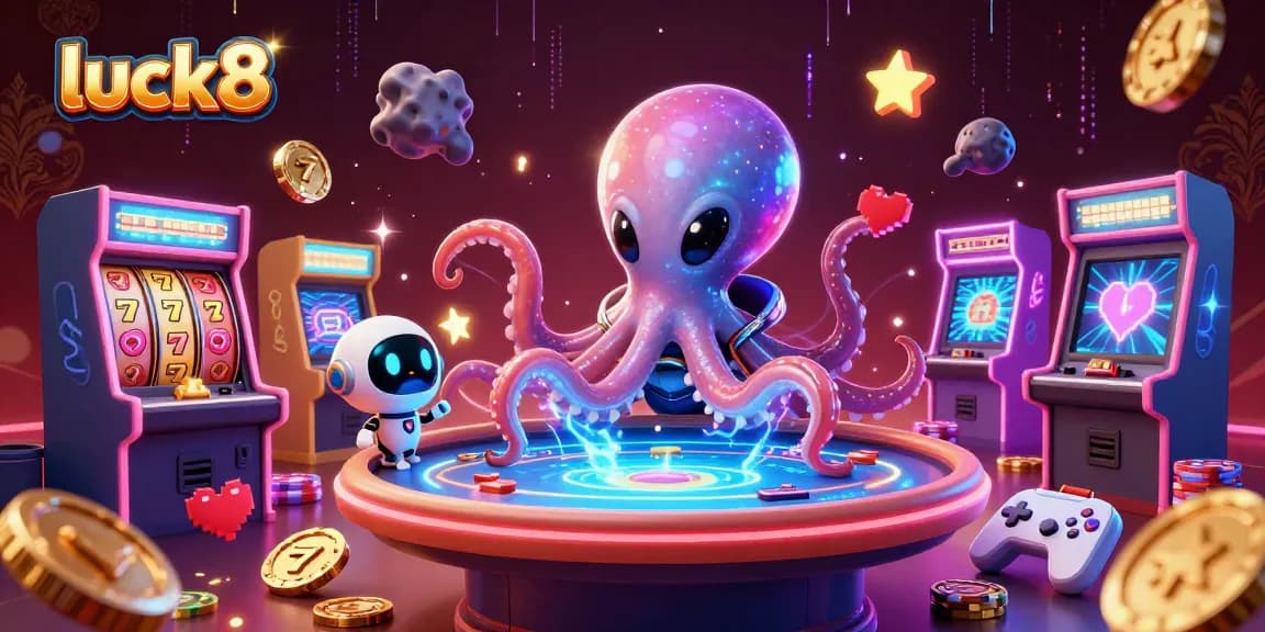 Join luck8 for an exciting gambling adventure with a holographic poker table controlled by an alien octopus and colorful casino elements.