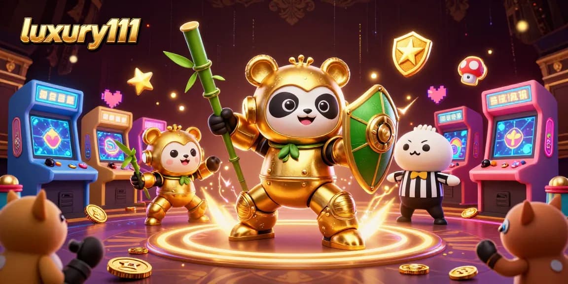 Engage with luxury111's dynamic gaming scene featuring a golden panda in a robot suit and arcade elements.