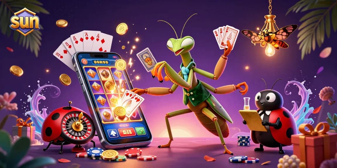 Engage with vibrant sun casino games featuring slots and card action in a 3D illustration.