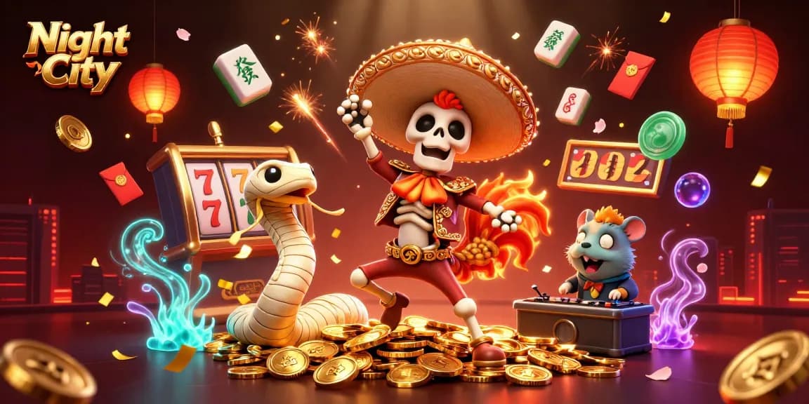 Experience excitement in Night City with a festive 3D casino scene featuring a dancing mariachi rooster, vibrant characters, and rich gambling elements.