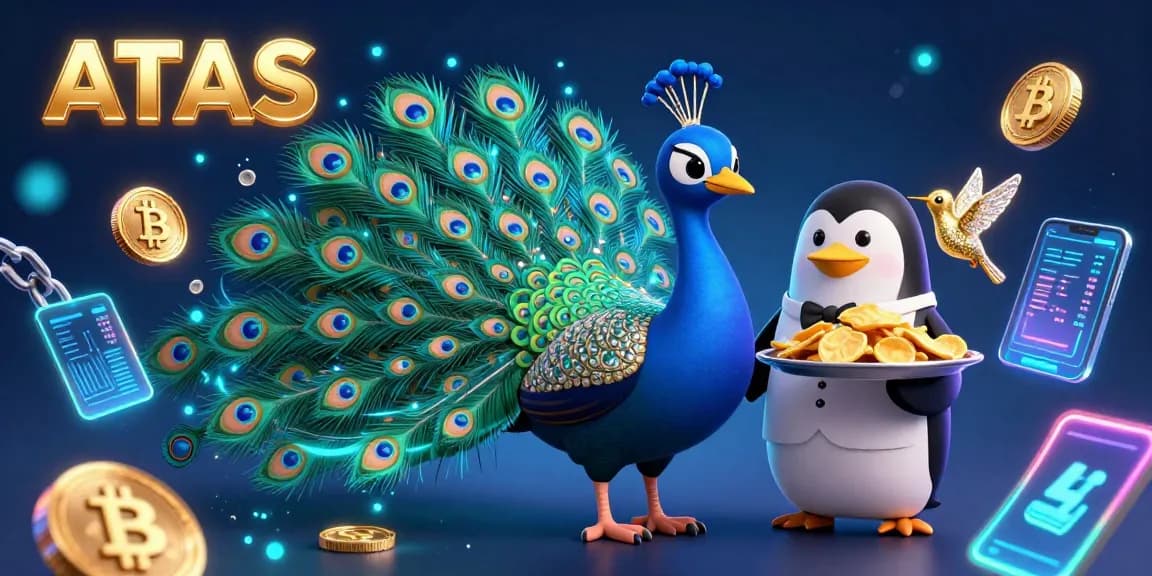 Engage with ATAS Casino's enchanting environment featuring a captivating peacock, golden chips, and vibrant crypto elements.