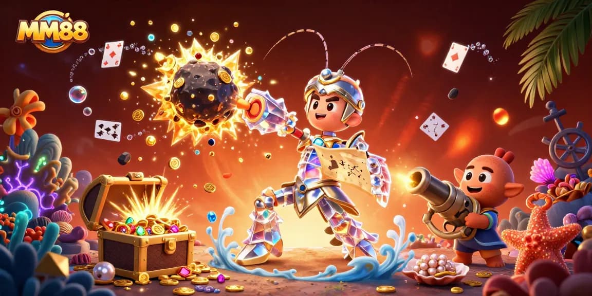 Experience the thrill of MM88 with a galactic samurai shrimp amid treasures and vibrant casino elements.
