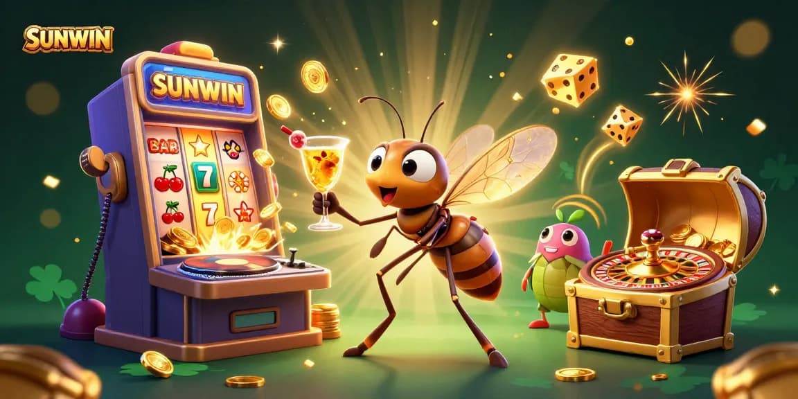 SUNWIN casino mascot, celebrating with golden cocktail amidst vibrant gambling elements and excitement
