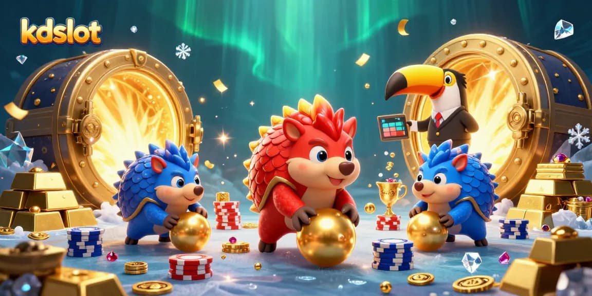Engage with kdslot while rival pangolins compete in a vibrant casino-themed 3D scene.