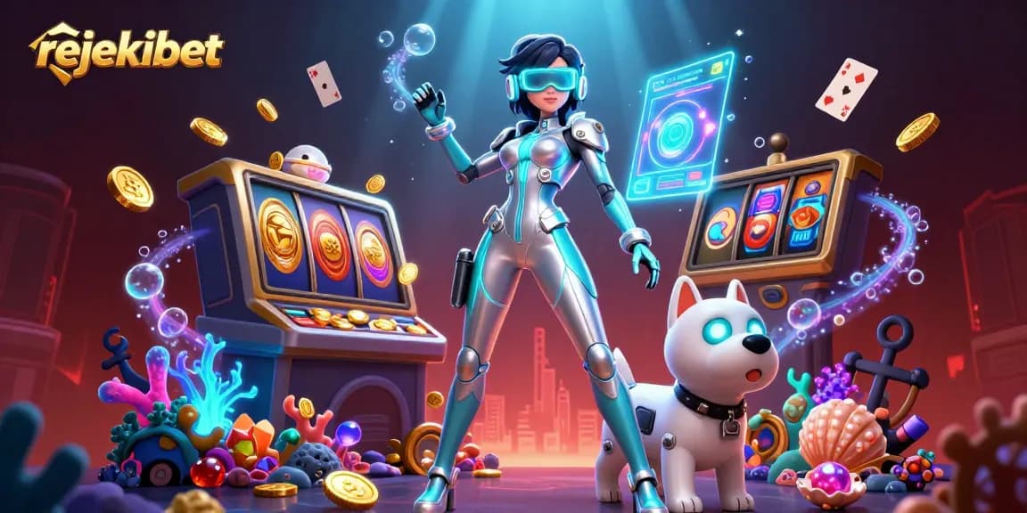 Engage with rejekibet's vibrant slot gaming universe featuring a futuristic woman and a robot dog.
