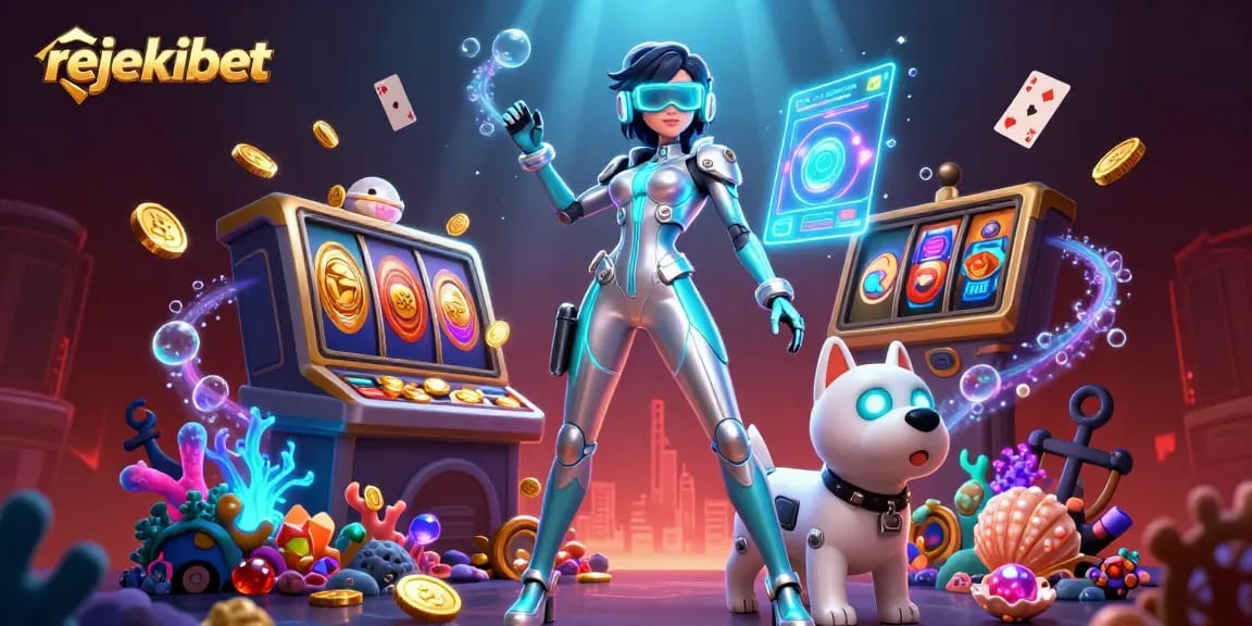 Engage with rejekibet's vibrant slot gaming universe featuring a futuristic woman and a robot dog.
