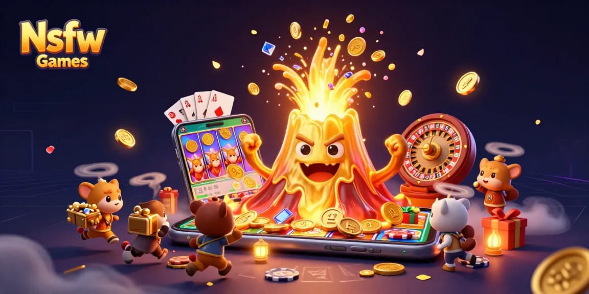 Engage with Nsfw Games featuring a rich 3D illustration of a volcano erupting treasure in a vibrant casino setting.