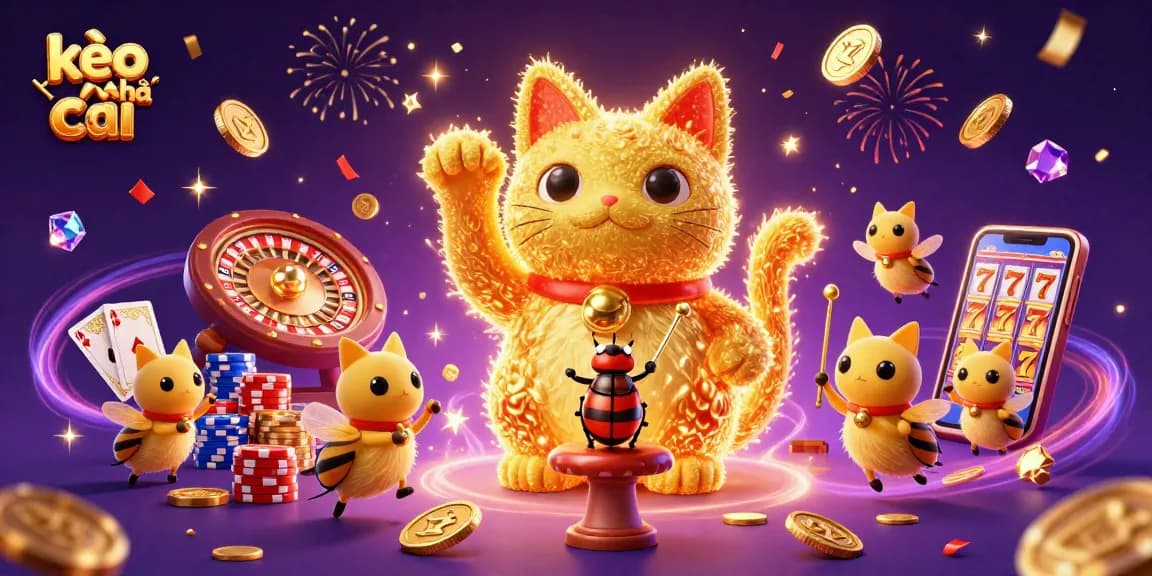 Experience the joy of kèo nhà cái with a giant lucky cat, golden coins, and casino excitement.