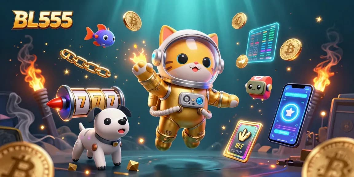 Experience thrilling gameplay at BL555 with an astronaut cat, robot dog, and vibrant slot elements.