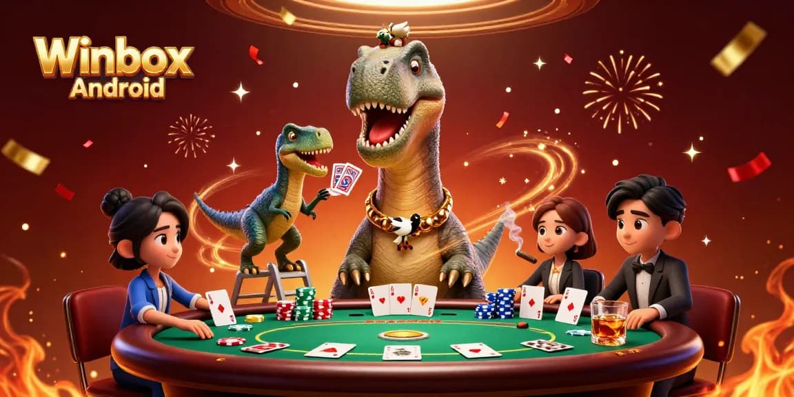 Winbox Android app download illustrated with playful 3D characters and vibrant casino elements.