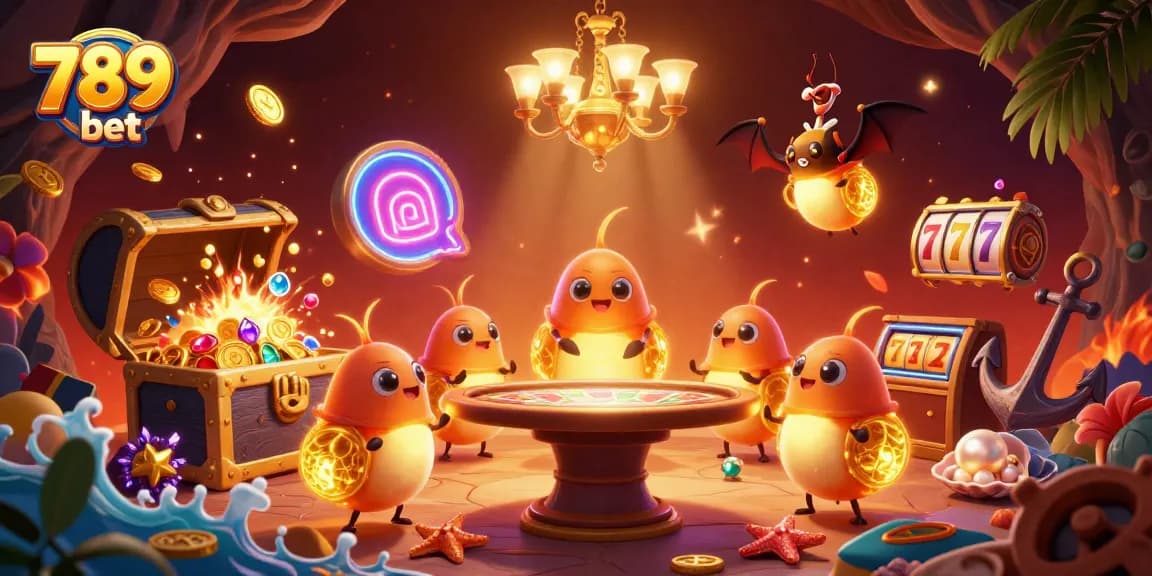Experience the excitement of 789 bet with a vibrant casino scene lit by glowworms, showcasing slots and gems.