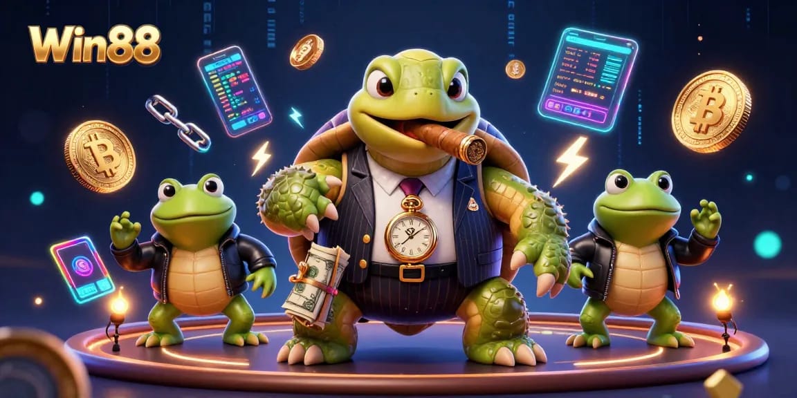 Win88 showcases a dynamic scene with a snapping turtle in a mobster suit and bullfrog enforcers amidst vibrant casino elements.