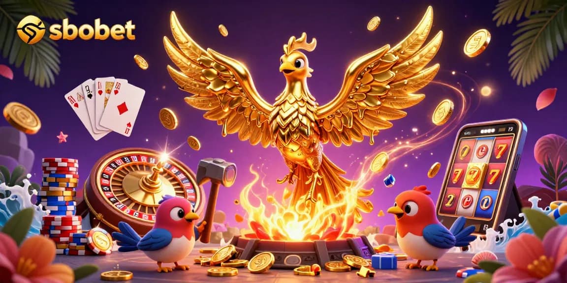 Experience sbobet with a golden phoenix and dynamic casino elements in an exciting 3D illustration.