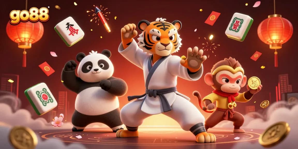Engage in thrilling gaming action at go88 with dynamic characters set in a festive casino backdrop.