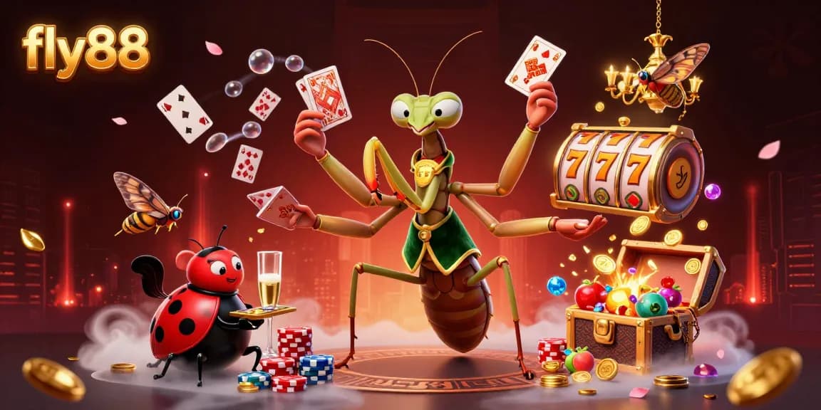 fly88 features a giant praying mantis card sharp managing the casino with vibrant slot games around