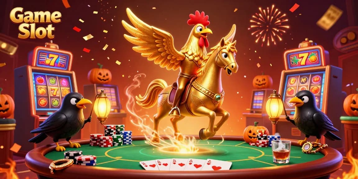 Engage in the electrifying Game Slot experience with a golden rooster and companions in a vibrant casino scene.