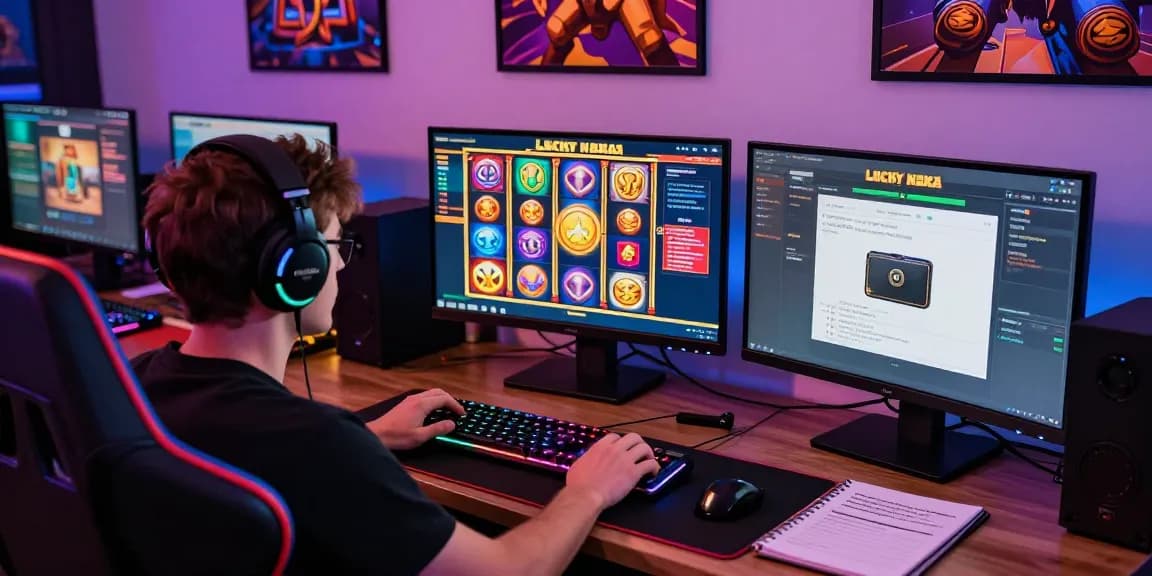 Play Lucky Neko slot game on a modern gaming setup, showcasing dynamic gameplay and vibrant graphics.